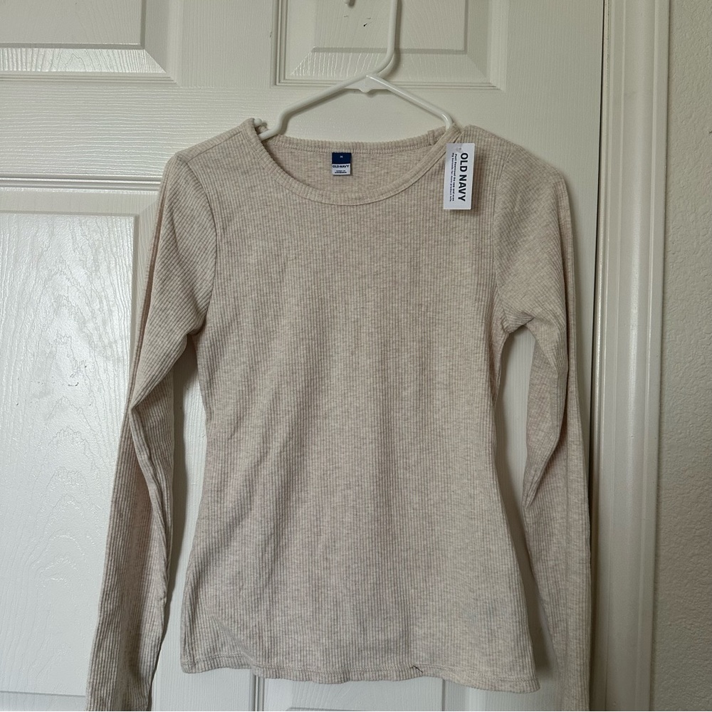 Old Navy Plush Long-Sleeve Rib-Knit Slim-Fit T-Shirt in Oatmeal